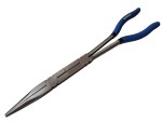 A pair of Faithfull long-nose pliers with narrow tapered jaws and a side-wire cutter, for working in confined spaces.