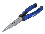 A pair of Faithfull long-nose pliers with narrow tapered jaws and a side-wire cutter, for working in confined spaces.
