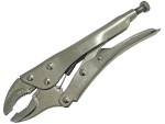 A pair of Faithfull locking pliers with an adjustable jaw and an over-centre locking mechanism, for gripping workpieces securely.