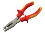 Insulated combination pliers with red and yellow handles, designed for gripping and cutting wires, shown against a white background.