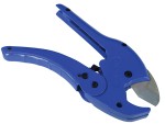 A blue plastic pipe cutter with a curved metal blade and ergonomic handle, shown in an open position on a white background.