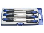 A Faithfull needle file with a hardened steel abrasive surface and a turned wooden or synthetic handle, for shaping and deburring metal.