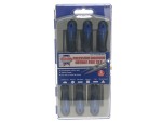 A Faithfull needle file with a hardened steel abrasive surface and a turned wooden or synthetic handle, for shaping and deburring metal.