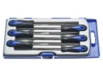 A Faithfull needle file with a hardened steel abrasive surface and a turned wooden or synthetic handle, for shaping and deburring metal.