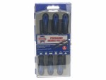 A Faithfull needle file with a hardened steel abrasive surface and a turned wooden or synthetic handle, for shaping and deburring metal.
