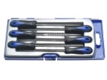 A Faithfull needle file with a hardened steel abrasive surface and a turned wooden or synthetic handle, for shaping and deburring metal.