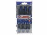 A Faithfull needle file with a hardened steel abrasive surface and a turned wooden or synthetic handle, for shaping and deburring metal.