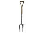 A Faithfull garden fork with four hardened steel tines and a wooden handle, for breaking up soil and lifting root vegetables.