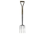 A Faithfull garden fork with four hardened steel tines and a wooden handle, for breaking up soil and lifting root vegetables.
