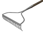 A Faithfull garden rake with multiple hardened steel tines and a long wooden handle, for levelling soil and clearing debris.
