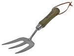 A Faithfull garden fork with four hardened steel tines and a wooden handle, for breaking up soil and lifting root vegetables.