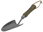 A Faithfull trowel with a polished steel blade and an ergonomic handle, for applying and finishing mortar, plaster, and adhesive.