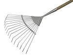 A Faithfull garden rake with multiple hardened steel tines and a long wooden handle, for levelling soil and clearing debris.