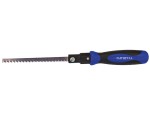 A saw with a hardened blade and a comfortable handle, for cutting timber, metal, or masonry.