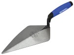 A Faithfull trowel with a polished steel blade and an ergonomic handle, for applying and finishing mortar, plaster, and adhesive.