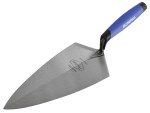 A Faithfull trowel with a polished steel blade and an ergonomic handle, for applying and finishing mortar, plaster, and adhesive.