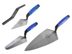 A Faithfull trowel with a polished steel blade and an ergonomic handle, for applying and finishing mortar, plaster, and adhesive.