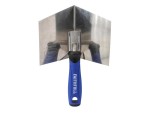 A Faithfull trowel with a polished steel blade and an ergonomic handle, for applying and finishing mortar, plaster, and adhesive.