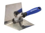 A Faithfull trowel with a polished steel blade and an ergonomic handle, for applying and finishing mortar, plaster, and adhesive.
