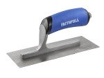 A Faithfull plasterer's finishing trowel with a thin, flexible steel blade and a turned wooden handle, for achieving smooth plaster surfaces.