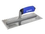 A Faithfull notched tile trowel with 115mm notches for combing adhesive on floors and walls, ensuring even coverage beneath tiles.