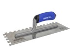A Faithfull notched tile trowel with 115mm notches for combing adhesive on floors and walls, ensuring even coverage beneath tiles.