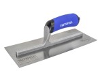 A Faithfull plasterer's finishing trowel with a thin, flexible steel blade and a turned wooden handle, for achieving smooth plaster surfaces.