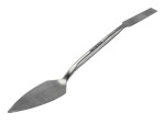 A Faithfull trowel with a polished steel blade and an ergonomic handle, for applying and finishing mortar, plaster, and adhesive.