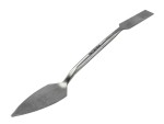 A Faithfull trowel with a polished steel blade and an ergonomic handle, for applying and finishing mortar, plaster, and adhesive.
