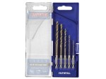 A blue plastic case labeled FAITHFULL holds five metal drill bits of varying sizes, neatly arranged, with a transparent lid displaying the brand FAITHFULL QUALITY TOOLS.