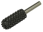 A Faithfull needle file with a hardened steel abrasive surface and a turned wooden or synthetic handle, for shaping and deburring metal.