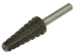 A Faithfull needle file with a hardened steel abrasive surface and a turned wooden or synthetic handle, for shaping and deburring metal.
