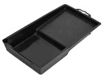 A black plastic paint tray with a ribbed slope on one side and a deep well for holding paint. The tray has a handle cut-out at one end for easy carrying.,