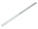A long, silver metal ruler with measurement markings and a small hole near one end, placed diagonally on a white background.