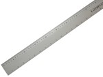 A metal ruler with both centimeter and millimeter markings, shown at an angle. The ruler is silver and partially displays the brand name FAITHFUL on the upper right corner.