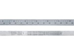 A close-up of a metal ruler, showing measurements in centimeters and millimeters on the top edge, with conversion tables and reference charts printed along the center.