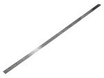 A long, metal ruler with measurement markings, shown diagonally on a white background. The ruler has a hole at one end, likely for hanging or storage.