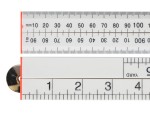 A Faithfull folding carpenter's rule with hinged sections and dual metric and imperial graduations.,