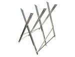 A metal saw horse or log saw horse with a folding frame and serrated notches on top, designed to hold logs or wood securely for cutting. The structure is silver and has two sets of crossed metal legs.