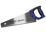 A saw with a hardened blade and a comfortable handle, for cutting timber, metal, or masonry.