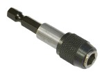 A metal drill bit holder with a hex shank on one end and a knurled chuck for securing bits on the other, shown on a white background.