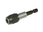 A close-up of a metal drill bit holder with a knurled grip, hexagonal shank, and a cylindrical body, used for securing drill or screwdriver bits in a power tool.