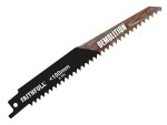 A reciprocating saw blade with a universal tang fitting and bi-metal teeth, for demolition cutting through timber, nails, and pipe.