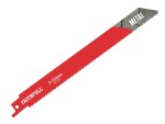 A reciprocating saw blade with a universal tang fitting and bi-metal teeth, for demolition cutting through timber, nails, and pipe.