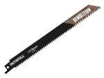 A reciprocating saw blade with a universal tang fitting and bi-metal teeth, for demolition cutting through timber, nails, and pipe.