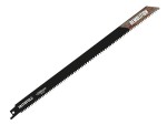 A reciprocating saw blade with a universal tang fitting and bi-metal teeth, for demolition cutting through timber, nails, and pipe.