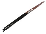 A reciprocating saw blade with a universal tang fitting and bi-metal teeth, for demolition cutting through timber, nails, and pipe.