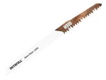 A reciprocating saw blade with a universal tang fitting and bi-metal teeth, for demolition cutting through timber, nails, and pipe.
