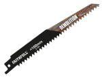 A reciprocating saw blade with a universal tang fitting and bi-metal teeth, for demolition cutting through timber, nails, and pipe.