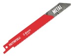 A reciprocating saw blade with a universal tang fitting and bi-metal teeth, for demolition cutting through timber, nails, and pipe.